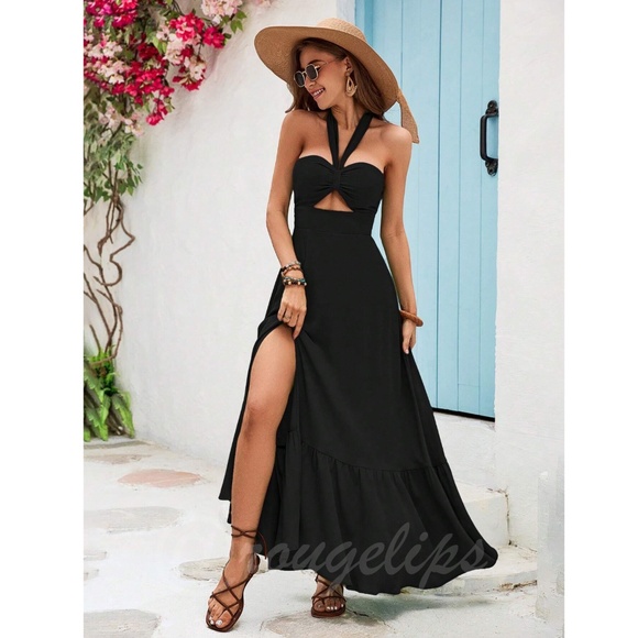 Black Maxi Dress Leg Slit Halter Neck Ties Cut Out - Picture 2 of 8